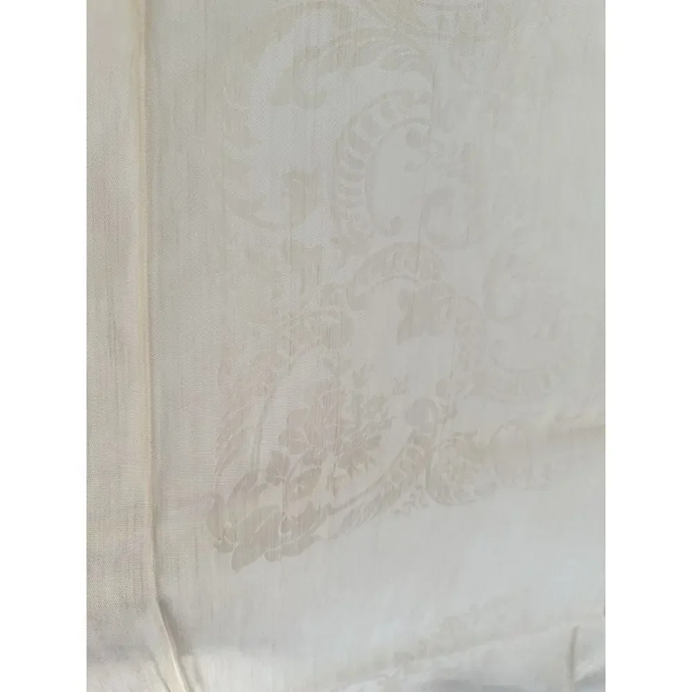 Vtg Beige Linen Double Damask Tablecloth 8 Napkins Floral Garlands Acanthus